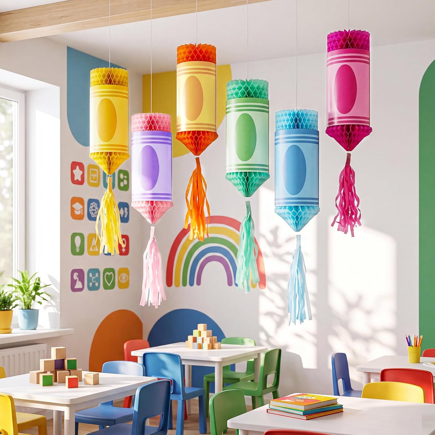 Sabary 6 Pcs Crayon Hanging Honeycomb Decor, Back to School Decorations Paper Lanterns with Tassels, Classroom Ceiling Hanging Decor for Kindergarten & Teacher Classroom (Pastel)