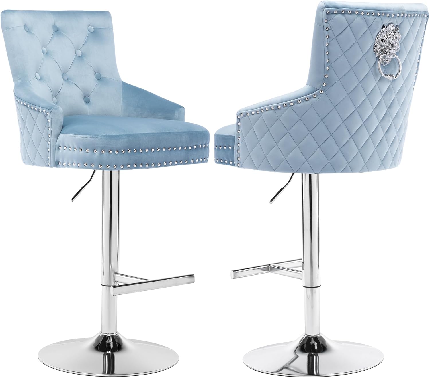 Velvet Swivel Bar Stools Set of 2, 360° Adjustable Swivel Barstools with Lion Pull Ring, Upholstered Tufted Bar Stool for Kitchen, Dining Room, Blue
