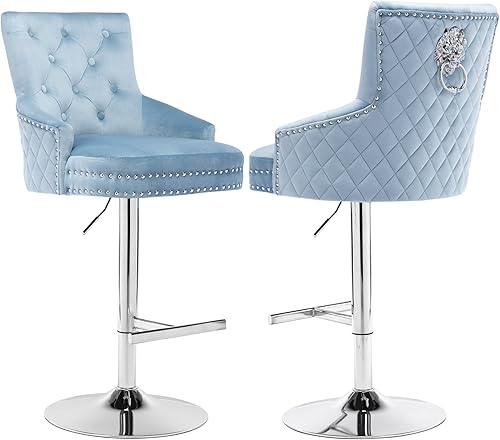 UDAX Juego de 2 taburetes de bar, taburetes de bar ajustables con respaldo, sillas de bar giratorias de terciopelo, gris claro