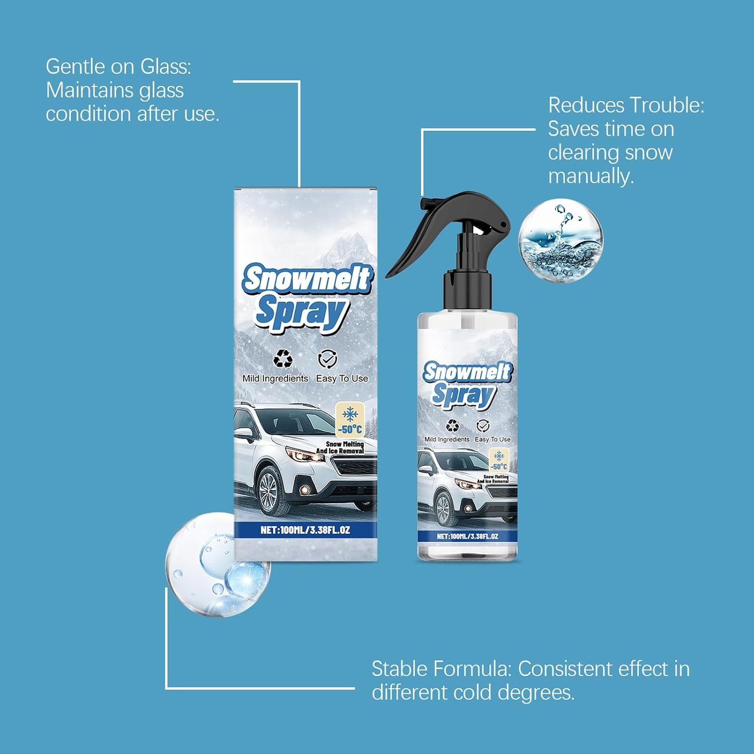 Deicer for Car Windshield, Fast Acting Deicing Agent, 100ml Anti Freeze Ice Melt for Truck, Sedan, Pickup, Scooter, SUV, Window, Glass, Mirrors
