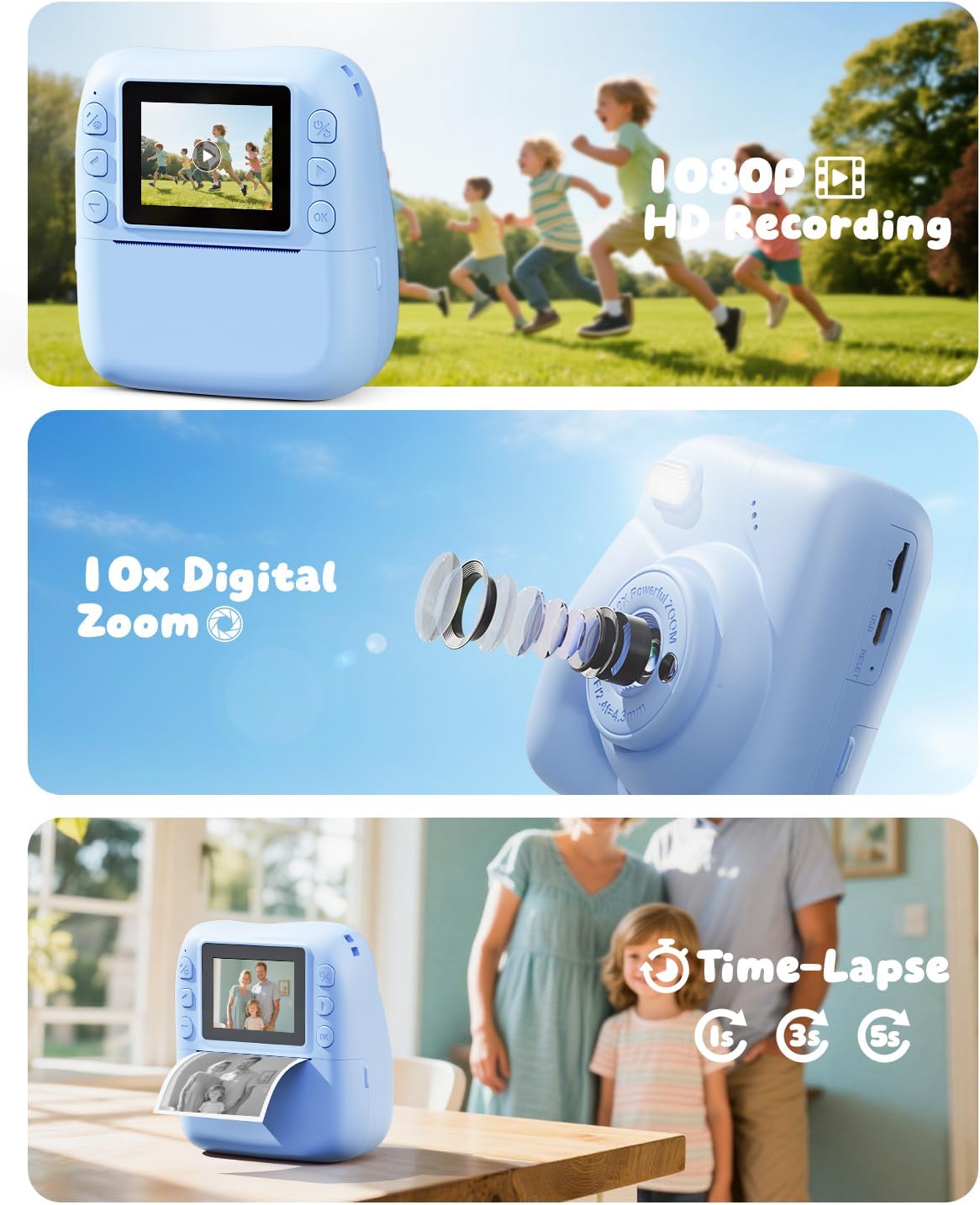 Kids Camera Instant Print, 1080P HD Kids Instant Camera with 32G Card & 3 Rolls Print Paper, Portable Toddler Toy, Christmas Birthday Gifts for Boys Girls Age 3-12 (Blue)