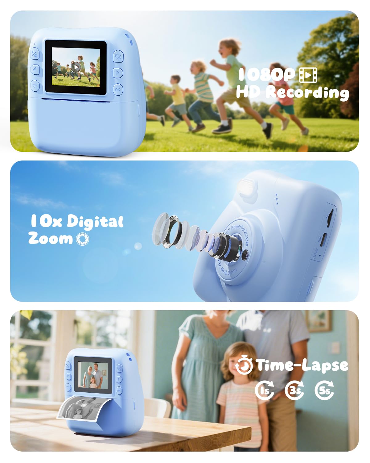 CAMCLID Macchina Fotografica Bambini Istantanea, 1080P HD Macchina Fotografica Istantanea 48MP con Scheda da 32 GB e 3 Rotoli di Carta da Stampa, Regalo per Ragazze Ragazzi da 3-12