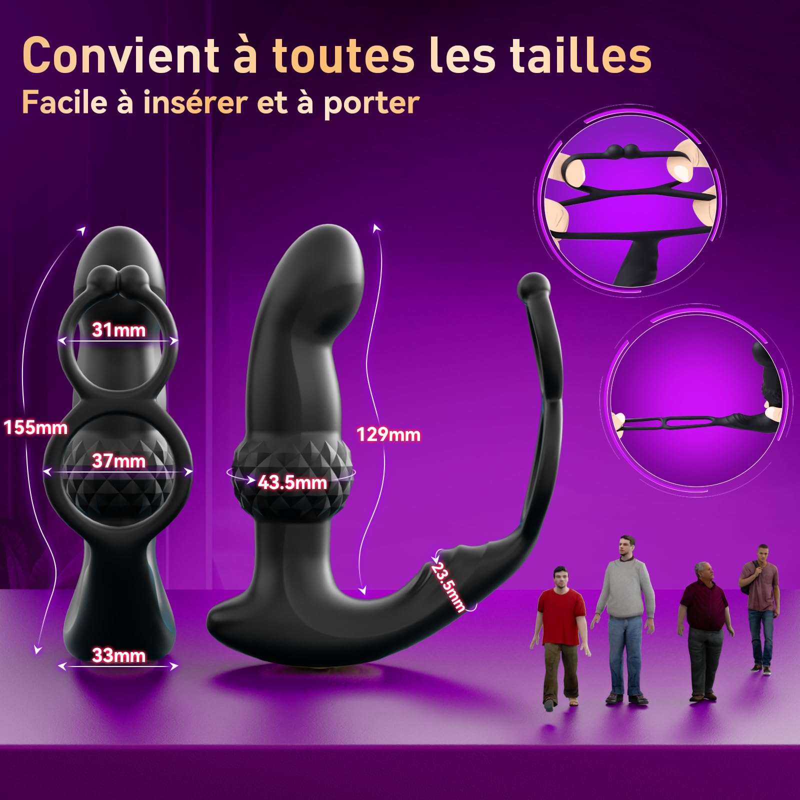 Plug anale da uomo con anello del pene, giocattolo anale antiscivolo, con 7 testine massaggianti a forma di dito e articolato; prodotto 3 in 1 che combina plug anale e vibratore
