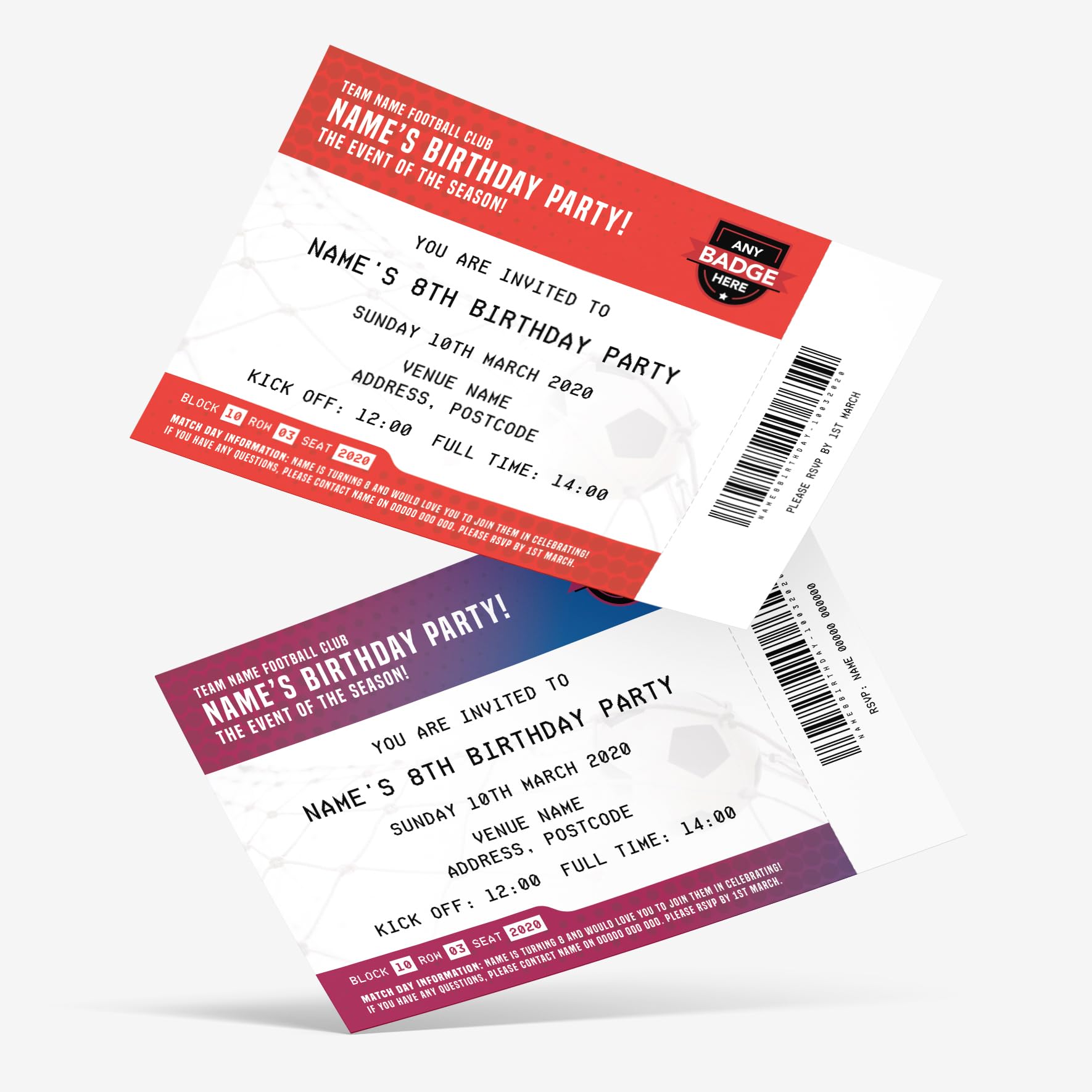 MJ DESIGN & PRINT Personalised Football Ticket Style Party Invitations & Thank You Cards, Sports, Soccer, Kids, Adults, Birthday