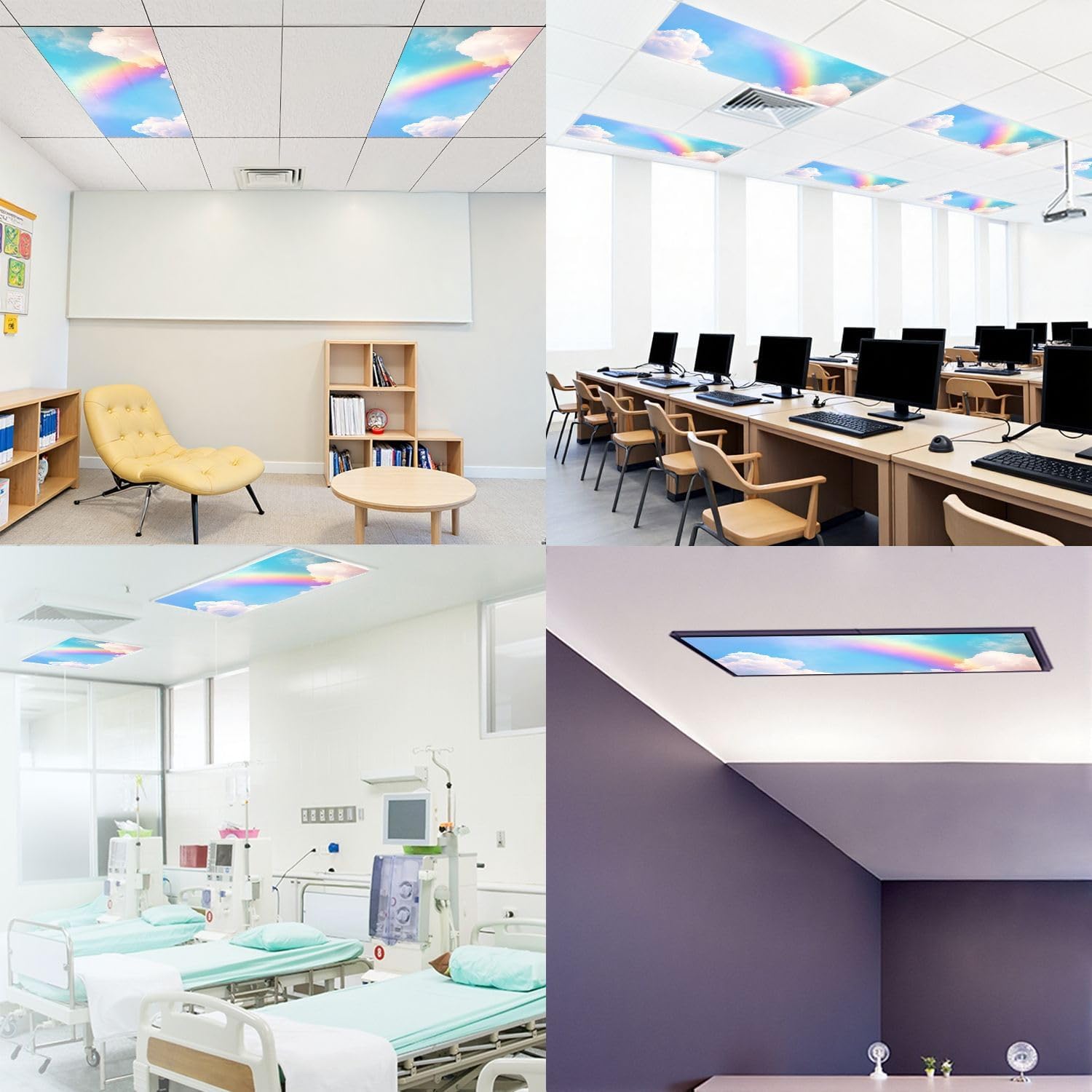 Fluorescent Light Covers for Ceiling Lights Rainbow Cloudy Sky Easy to Install Magnetic Light Filter for Classroom Office Hospitals School Home Decor