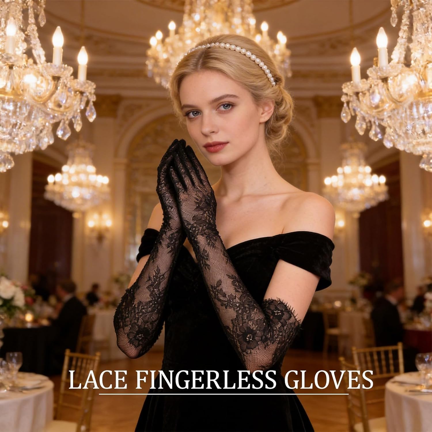 1 Pair Lace Gloves Black Long Elbow Length Sheer Mesh Elegant Finger Opera Gloves Women Formal Event Evening Wedding Bridal Tea Party Cosplay Accessory