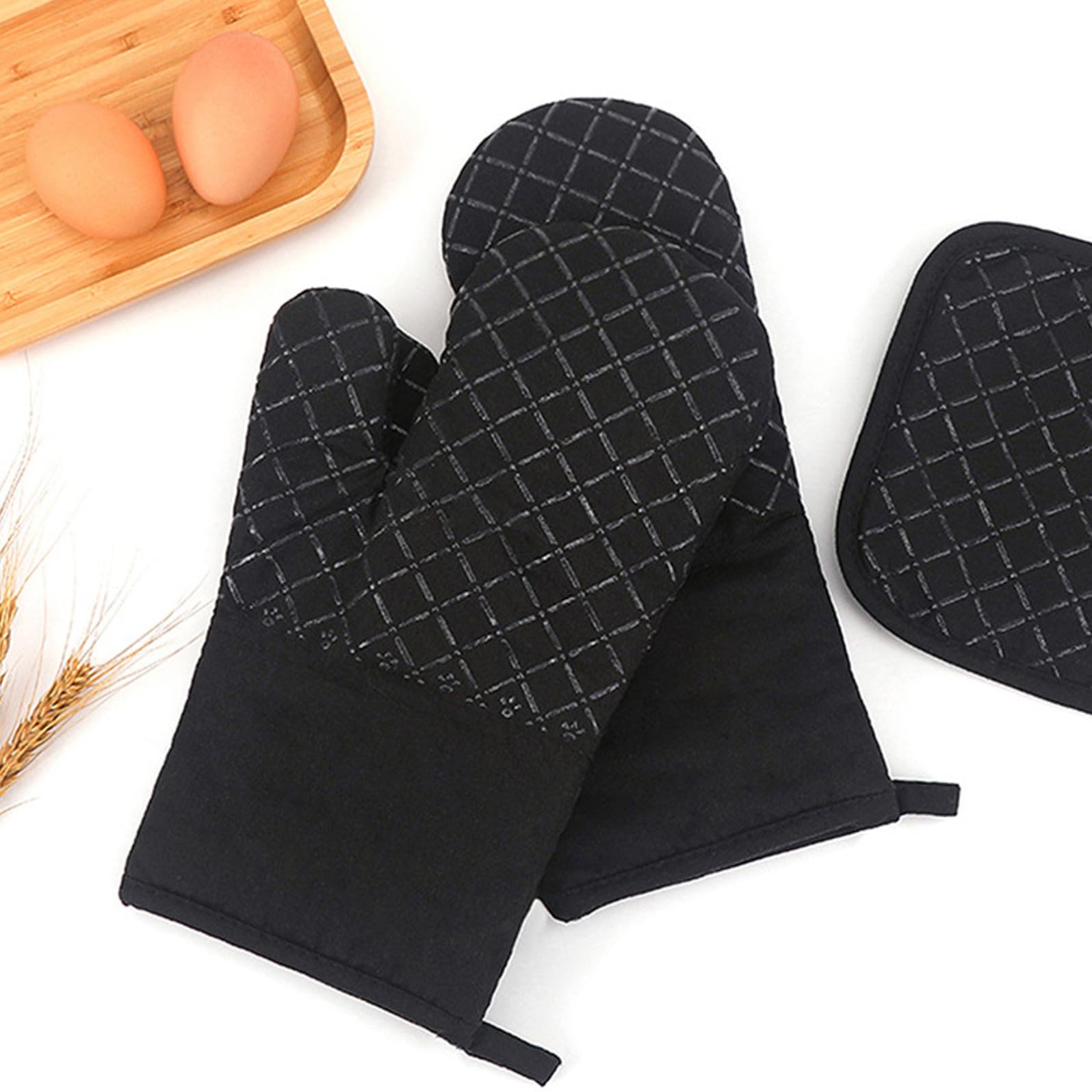 Set da Cucina Presine Antiscivolo 5 Pezzi in Cotone e Silicone Grembiule Regolabile, Guanti da Forno Resistenti al Calore per Cucinare e Cuocere al Forno