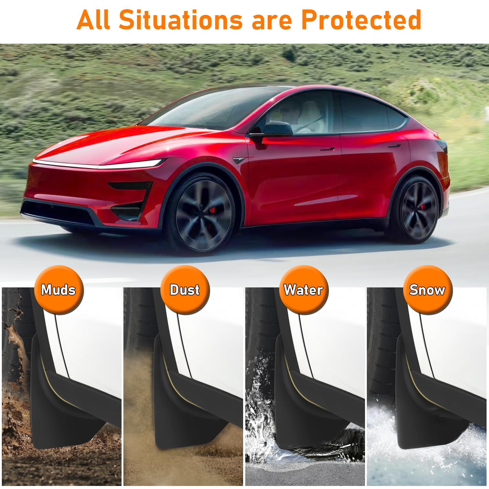 TTCR-II 4PCS Compatible con Faldillas Antibarro Tesla Model Y Juniper 2025+ | 4 Protectores de Barro Juniper 2025 2026+, Accesorios Exteriores Model Y Guardabarros Sin Taladrar MY Tesla Accesorios