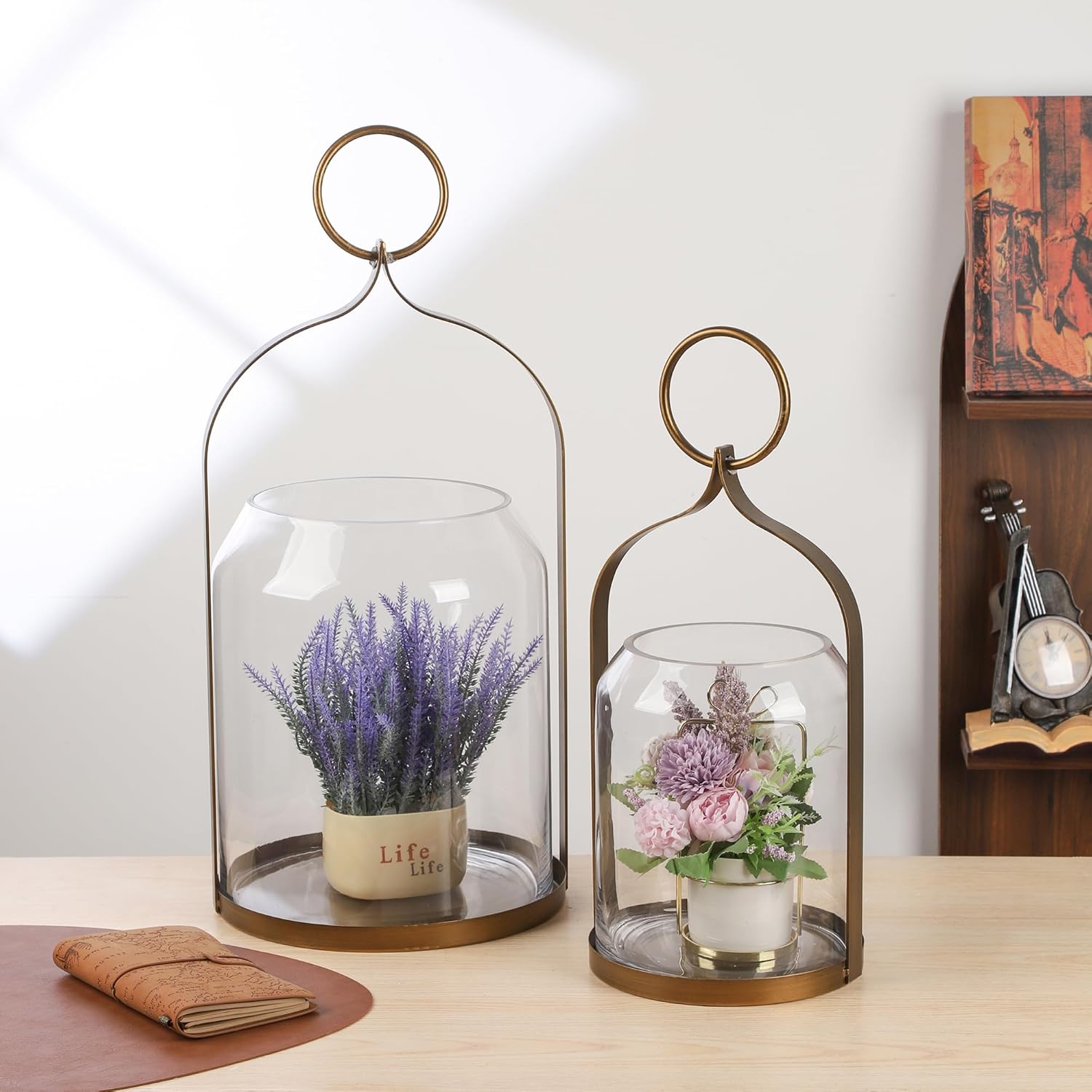 15.5" High Metal Hurricane Candle Holder in Antique Brass for Pillar Candle& Plants, Glass Terrarium, Glass Vase, Hurricane Lantern, Industrial, Farmhouse, Outdoor (1, Brass, 9‘x15.5)