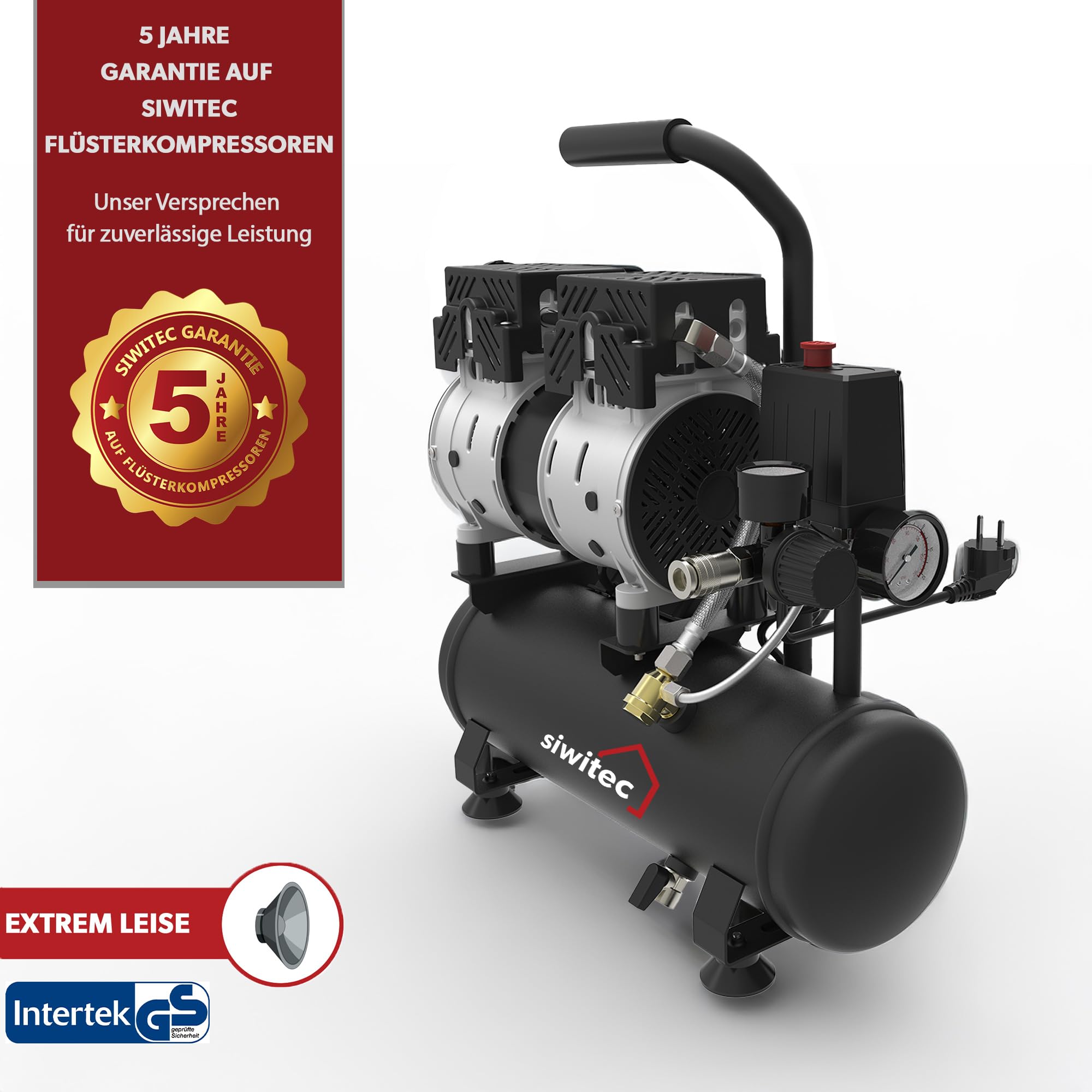 siwitec Flüsterkompressor SK-550 inkl. 5 m Druckluftschlauch und Reifenfüller mit 4 Adaptern | Kompressor mit 550 W, 6 L Kessel, max. Druck 8 bar, 56 dB, 106 l/min Ansaugleistung | ölfrei