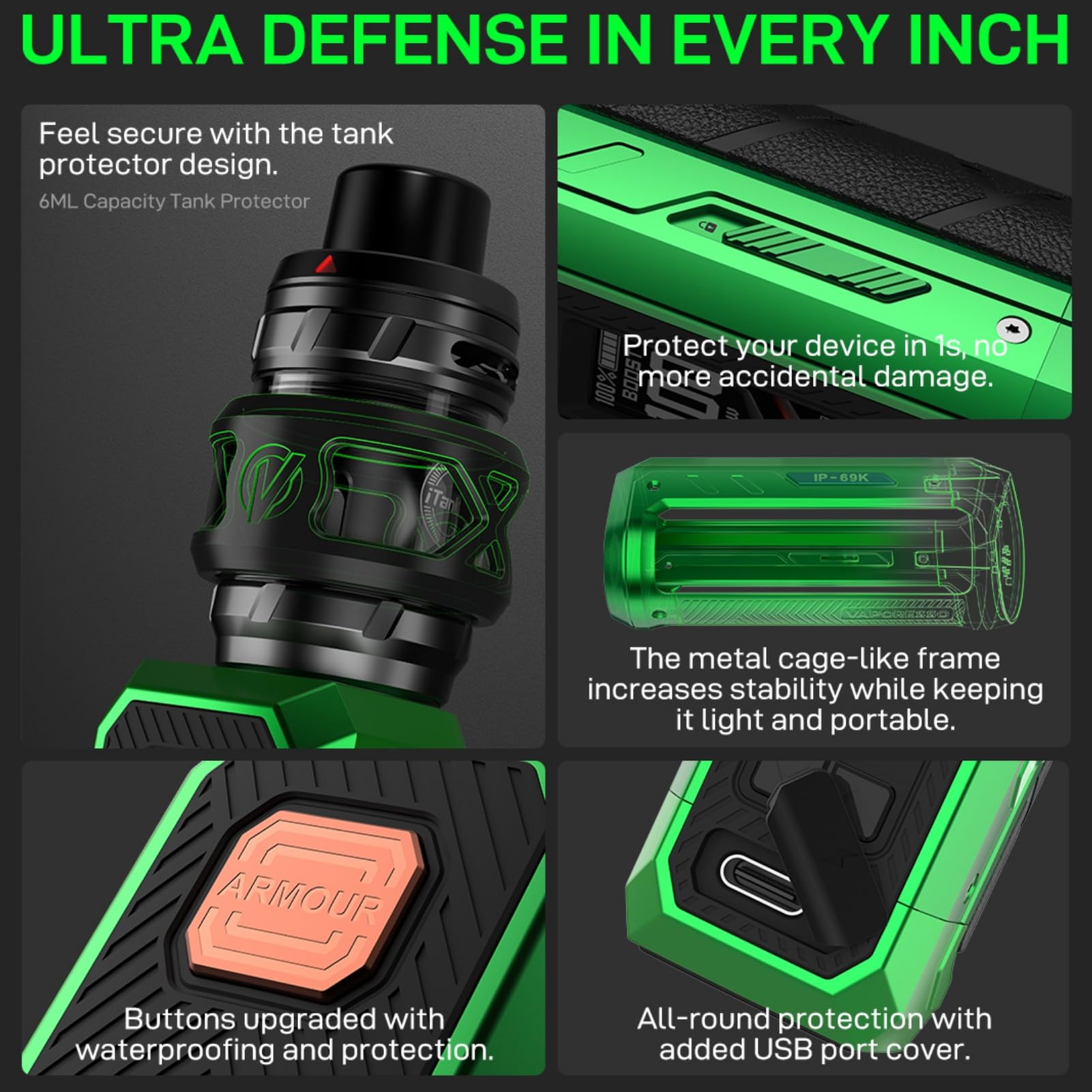 For Vaporesso Armour Ultra Kit 100 W Box Mod (Argento Titanio) Batteria 5500 mAh | 6 ml Atomizzatore iTANK T Tank GTi Dual Mesh Coil 0,2 Ω/0,4 Ω | Schermo TFT da 0,96" Vape Originale - No Nicotine