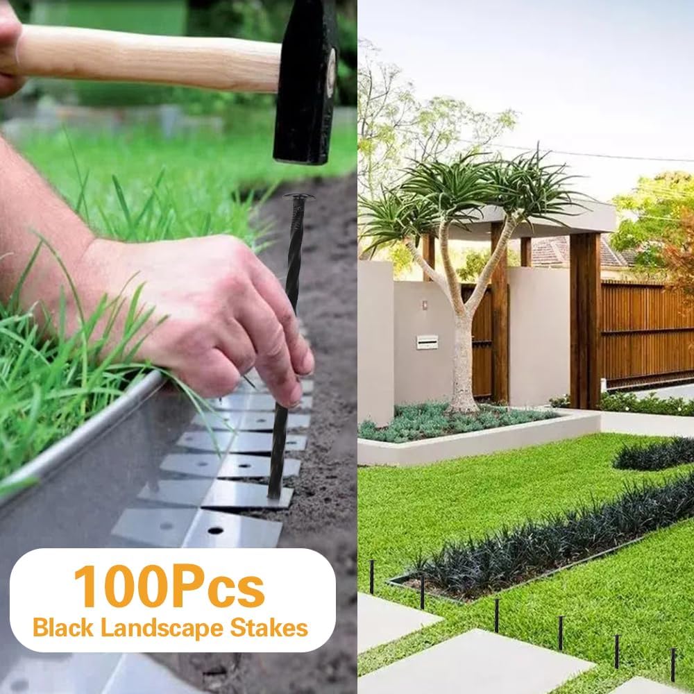 Bakulyor 100 Pack Metal Landscape Stakes, 6 Inch Artificial Turf Spikes, 6 Gauge Large Landscaping Nails, Black Edging Anchoring Staple for Garden Ground Grass Lawn Paver Timber Border Weed Barrier 6"