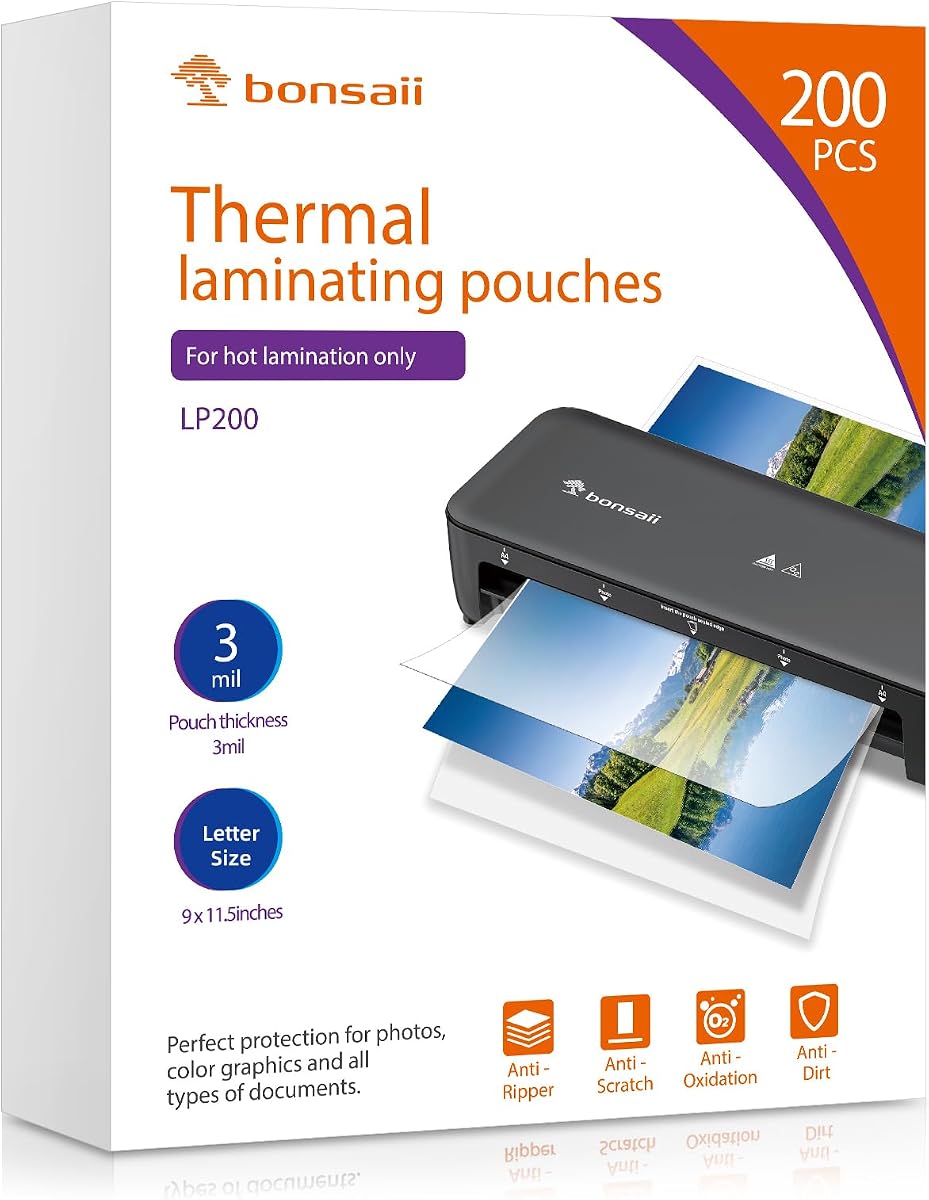 Bonsaii 3mil Thermal Laminating Sheets, 200 PCS Letter Size Clear Pouches | 9 x 11.5 inches, durable waterproof photo protection, fits all 9 and 13 inch thermal laminator, 200-pack for heavy use