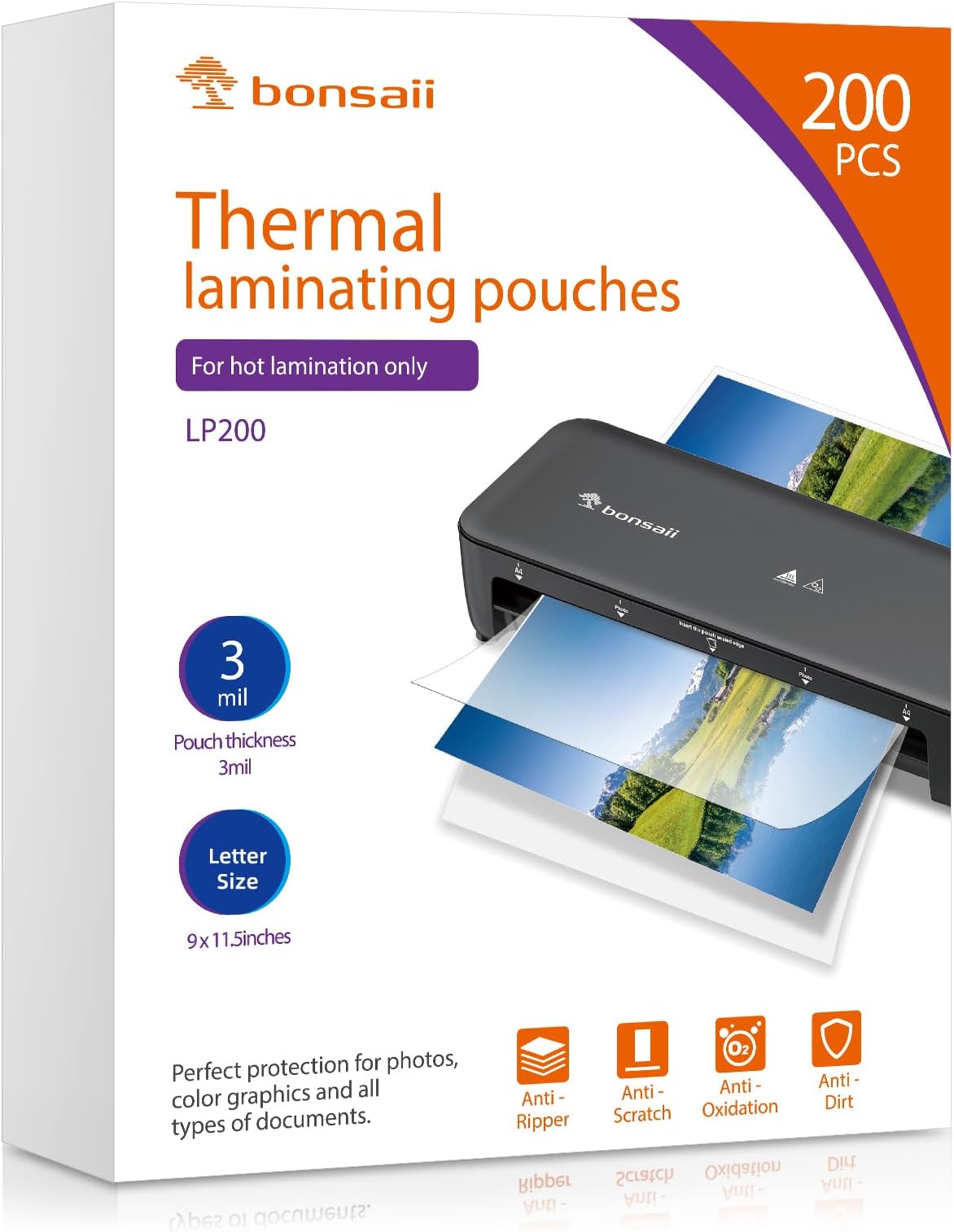 bonsaiiLaminating Sheets, 200 PCS 3mil Thermal Laminating Pouches, 9 x 11.5 inches, Letter Size, Clear and Durable, Suitable for Multiple Fields of Use-LP200