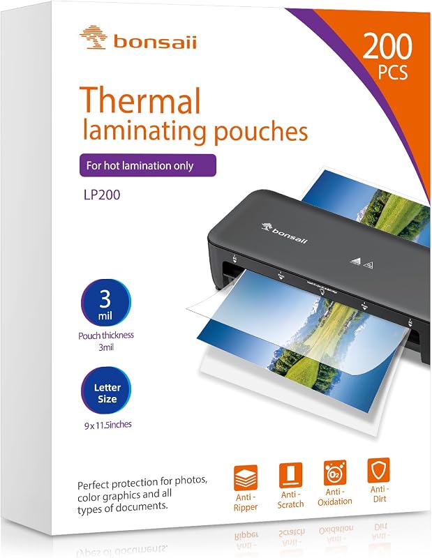 Bonsaii 3mil Thermal Laminating Sheets, 200 PCS Letter Size Clear Pouches | 9 x 11.5 inches, durable waterproof photo protection, fits all 9 and 13 inch thermal laminator, 200-pack for heavy use