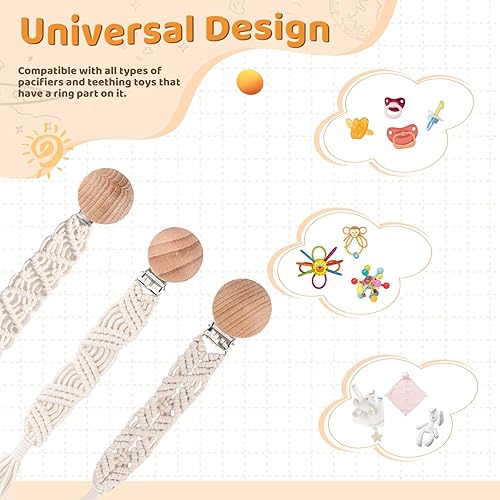 Miniatura 6 de Clip bohemio para chupete para niños y niñas, clips de madera, hechos a mano, trenzados, de algodón, unisex, para baby shower, regalo de cumpleaños,