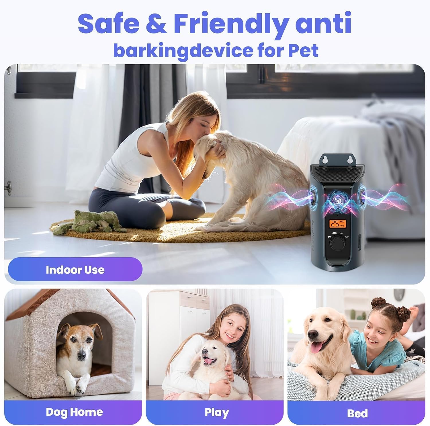 Anti Barking Device, 50FT Solar Charging Dog Barking Deterrent Device, Tri-Directional Ultrasonic Stop Dog Barking Device, Barking Control Device for Indoor Outdoor
