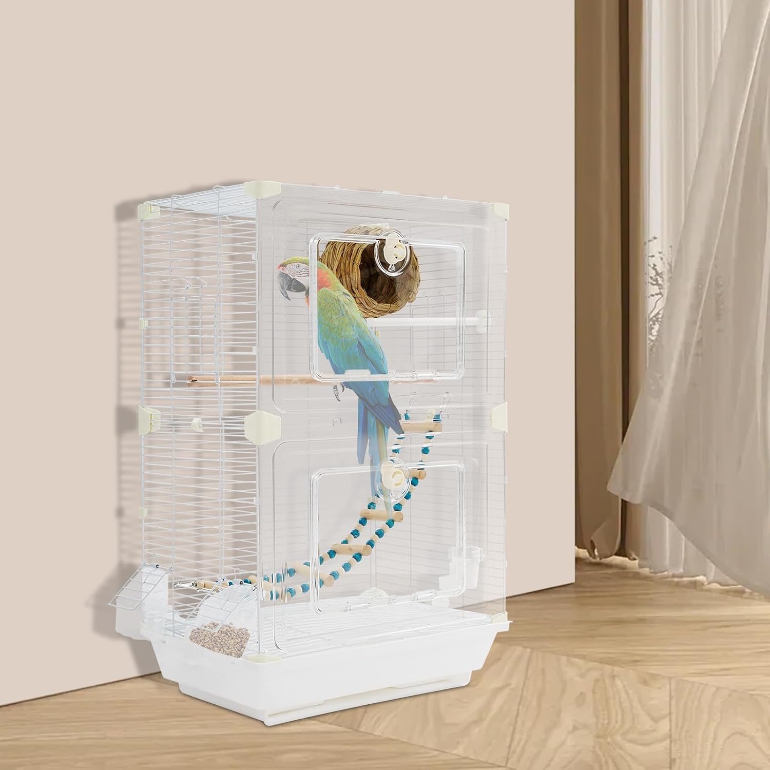 Bird Cage for Small Medium Birds, 15.7x11x24.8 Inch White Flight Cage with Nest, Ladder, Perch & 2 Feeding Bowls, Acrylic Front Freestanding Birdcage for Parrots Lovebirds