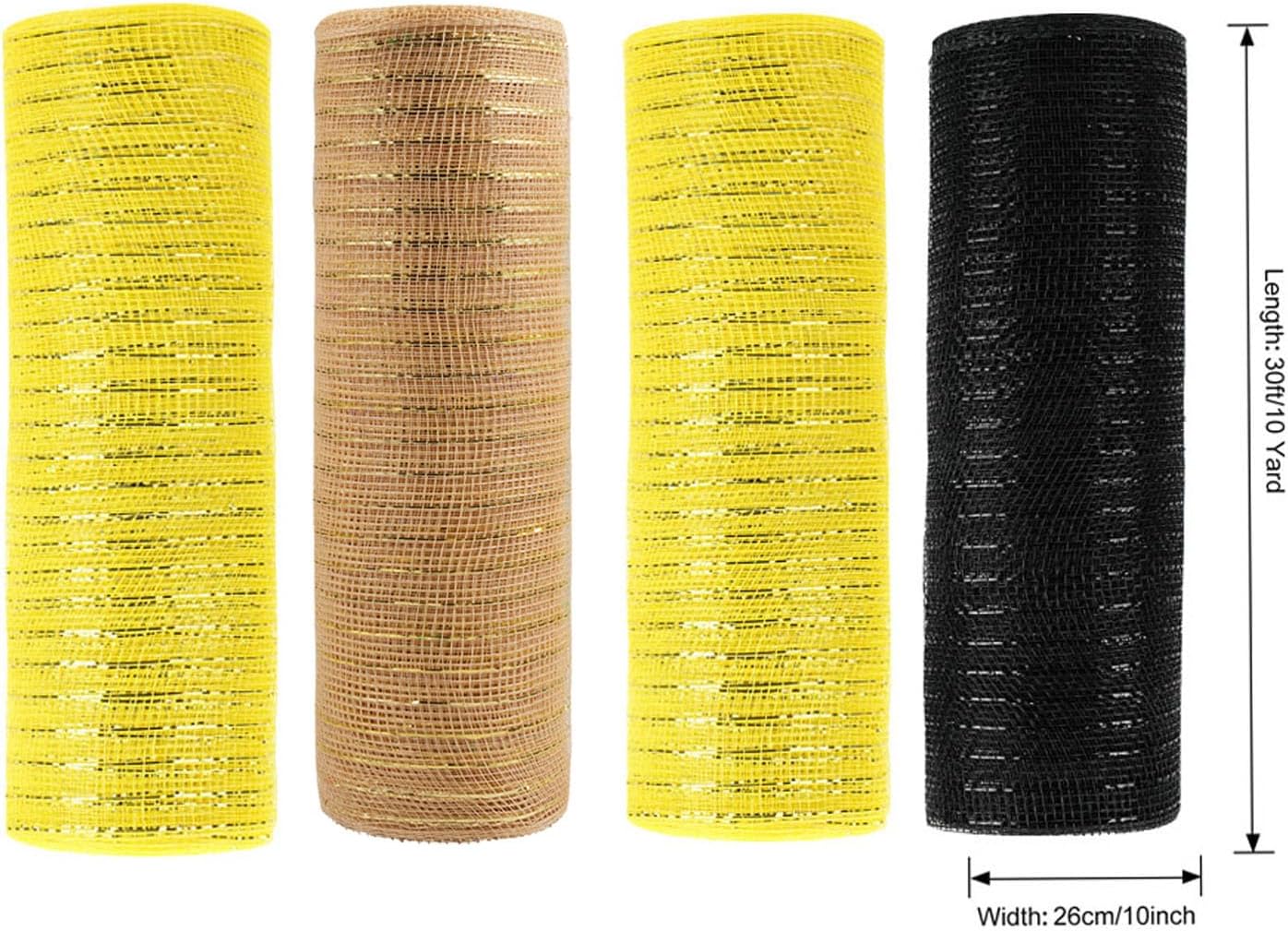 4 Rolls Deco Mesh Ribbon for Spring Bee Wreath Making Supplies, 10Inch x 30Ft Metallic Burlap Mesh Yellow Black Deco Mesh Rolls for Spring Summer DIY Crafts Wreaths Swags Decorating