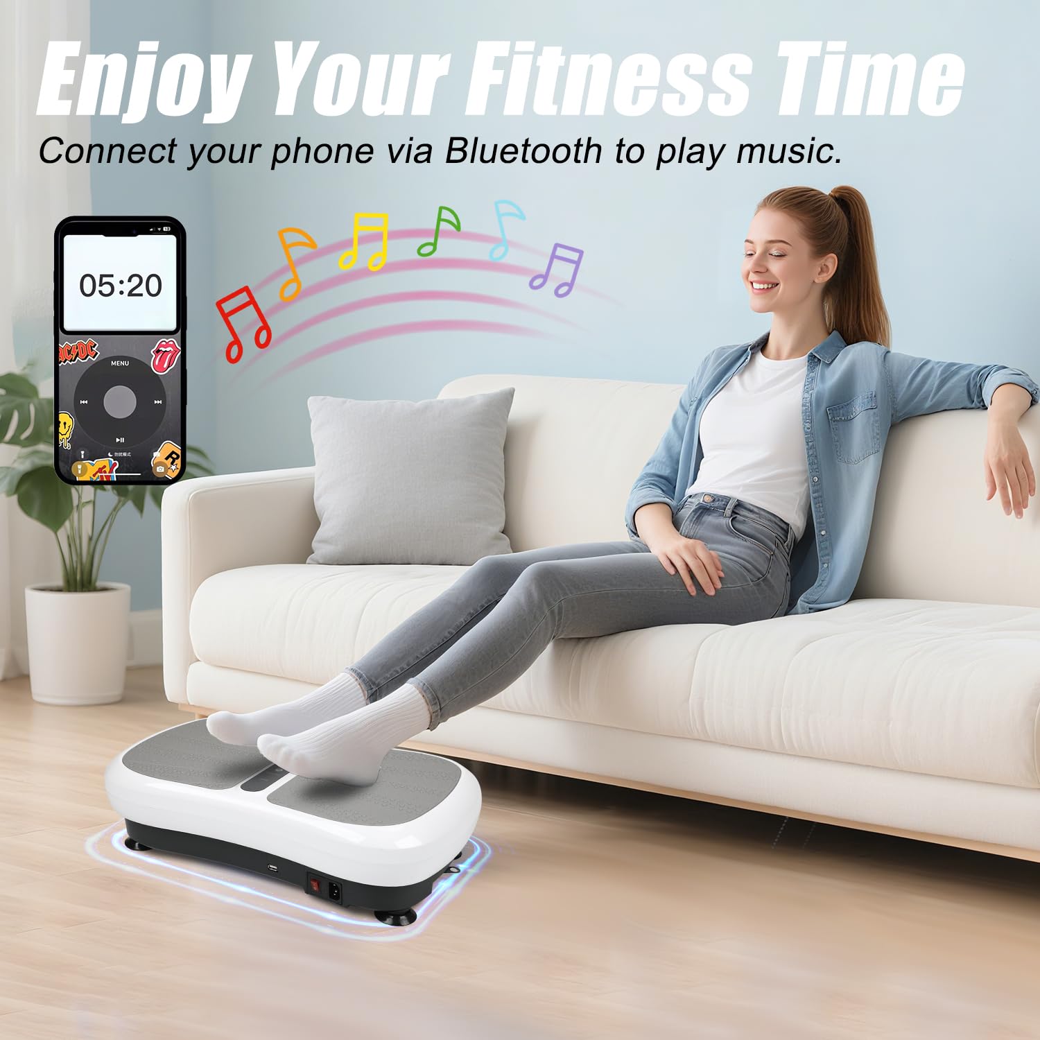 Triclicks Fitness Plataforma Vibratoria Ultra Slim, Plataforma de Vibración con Altavoces Bluetooth + Reproductor de Música USB + 180 Niveles+2 Bandas de Entrenamiento