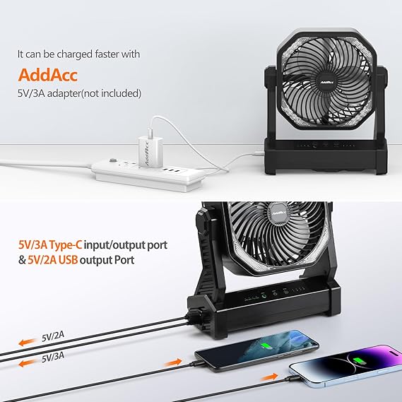 20000mAh Battery Powered Camping Fan, 58Hrs Rechargeable Portable Fan, 400LM Light, 360 Hook, Whisper Quiet Battery Operated Fan for Outdoor Car Travel Gear Essentials Power Outages Co-brand AMACOOL