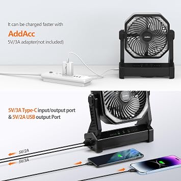20000mAh Battery Powered Camping Fan, 58Hrs Rechargeable Portable Fan, 400LM Light, 360 Hook, Whisper Quiet Battery Operated Fan for Outdoor Car Travel Gear Essentials Power Outages Co-brand AMACOOL