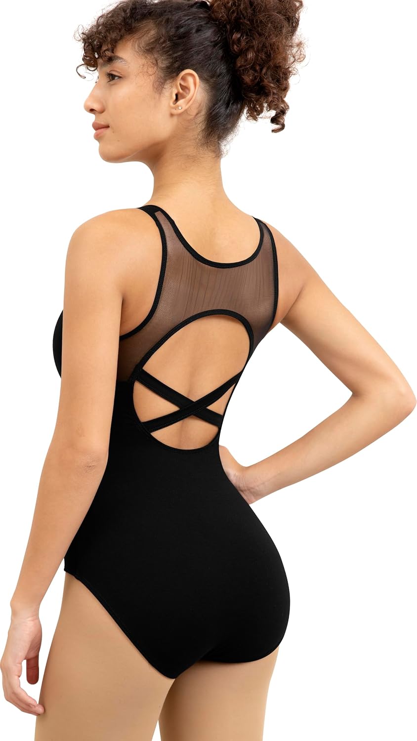 Dance Leotard for Women Mesh Tank Dancewear,Pinch V-Front,Crisscross Hollow Back,Full Front Lining