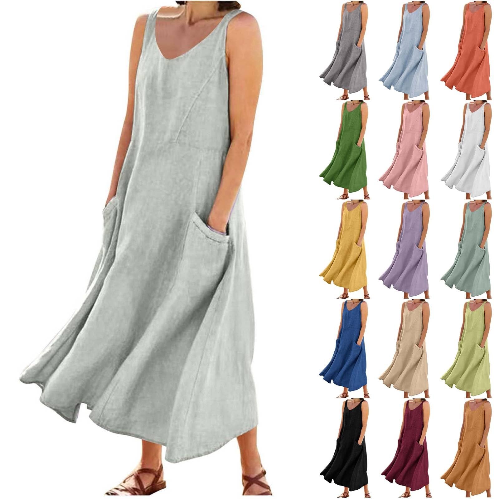 Vestido largo de lino para mujer, vestido largo de verano para mujer, tallas grandes, vestido de ocio, ligero, ventilado, para la playa, elegante, vestido de casa, vestido de tirantes monocolor