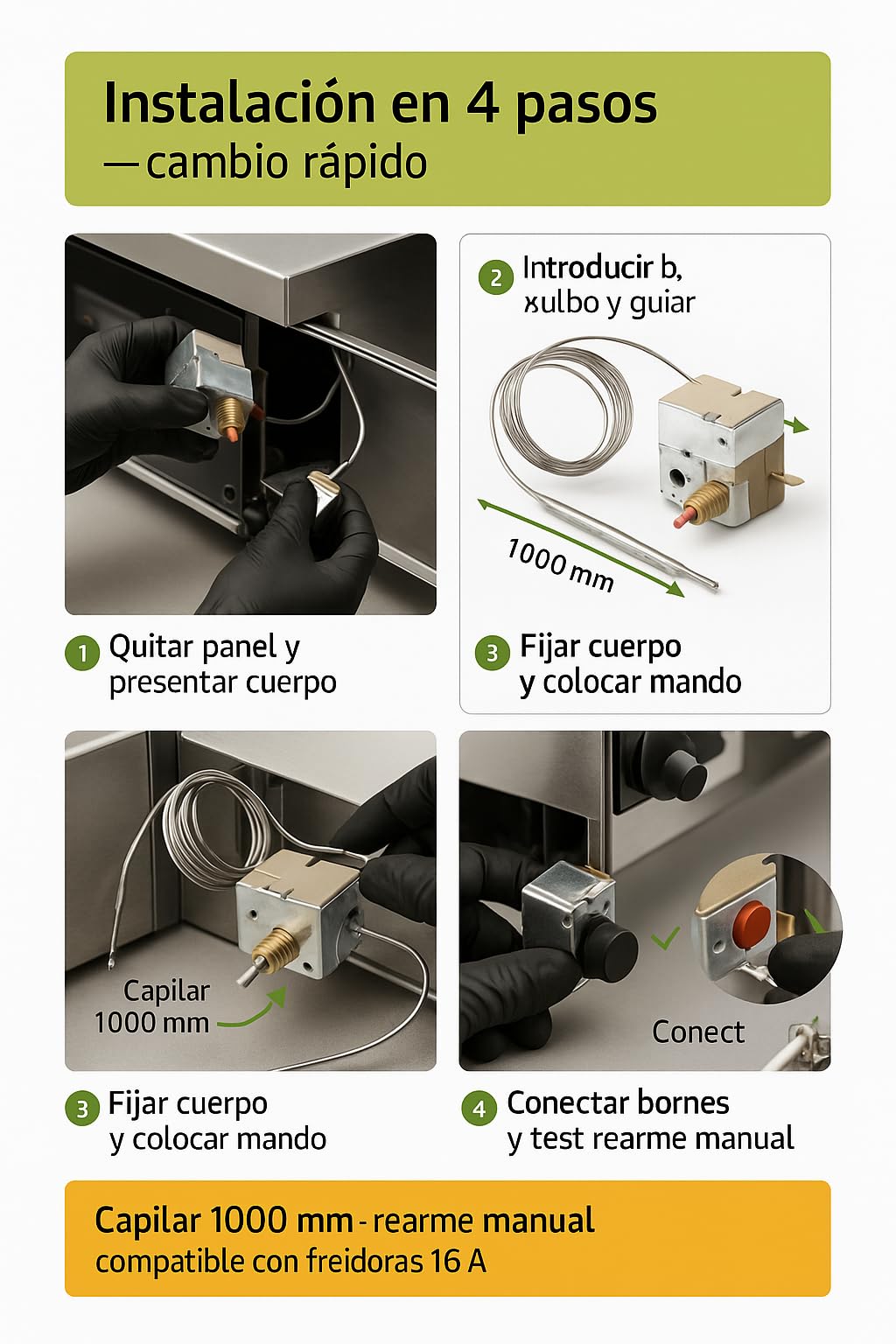 CubetasGastronorm ® Termostato seguridad freidora 240º CAPILAR 1000mm con REARME 16A Capilar 1000mm Protección Sobrecalentamiento Precisión Alta Resistencia Freidoras Industriales y Domésticas
