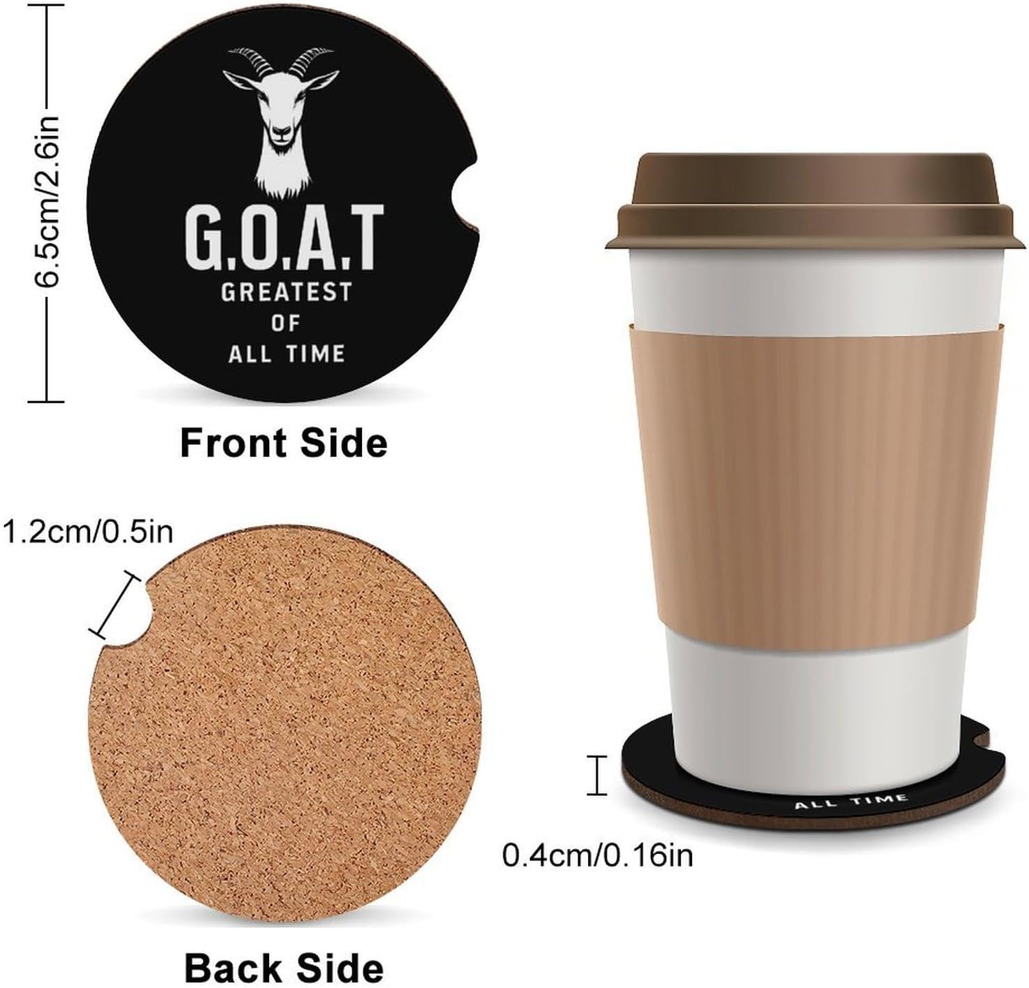 G.O.A.T Greatest of All Time Car Cup Holder Coaster with Cork Base 2.6 Inches Anti Slip