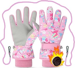 Ski Gloves for Kids, Waterproof Winter Gloves for Boys Girls, Insulated Youth Winter Gloves Age 7-9 Years Old, Gray Warm Thick Ski Snowboard Gloves for Children Outdoor Sledding