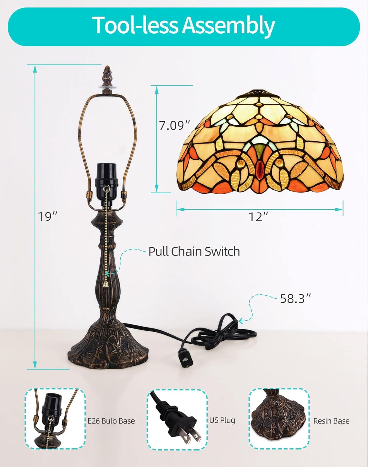 Tiffany Table Lamp, 12-inch Stained Glass Lamp for Living Room, Dining Room, Bedroom, Study Room, Office (Beige Baroque)