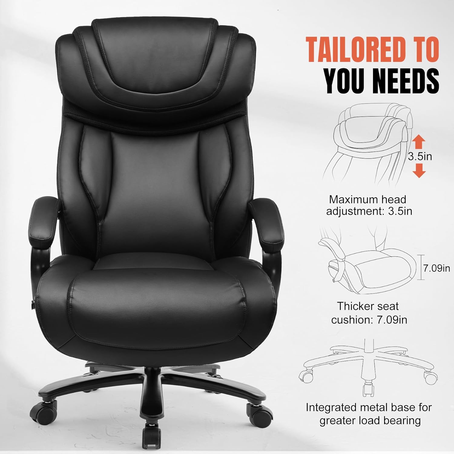 GTPOFFICE Big and Tall Office Chair 500lbs Executive Chair Heavy Duty Extra Wide Seat, High Back Ergonomic Computer Chair Large Comfy Desk Chair Tilt Rock Adjustable Headrest