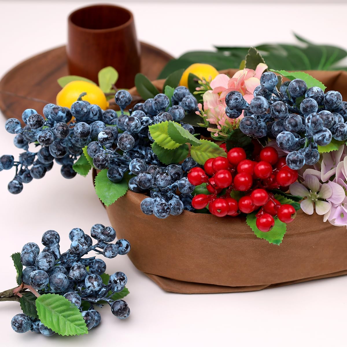 10 Inch Fake Blueberries with Stems, 3Pcs - Blue | Realistic,frosted appearance,DIY bouquet, christmas wreath arrangement, daily vase floral arrangement, wedding party decor