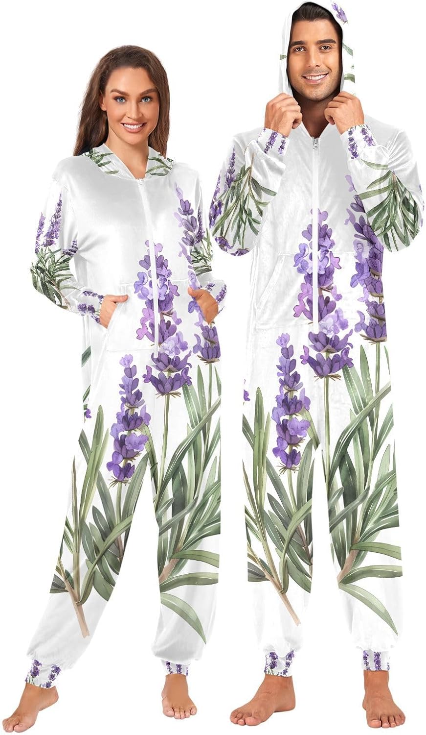 Lavender Purple Floral L Adult Onesie Pajamas for Unisex Novelty One Piece Costume Sleepwear