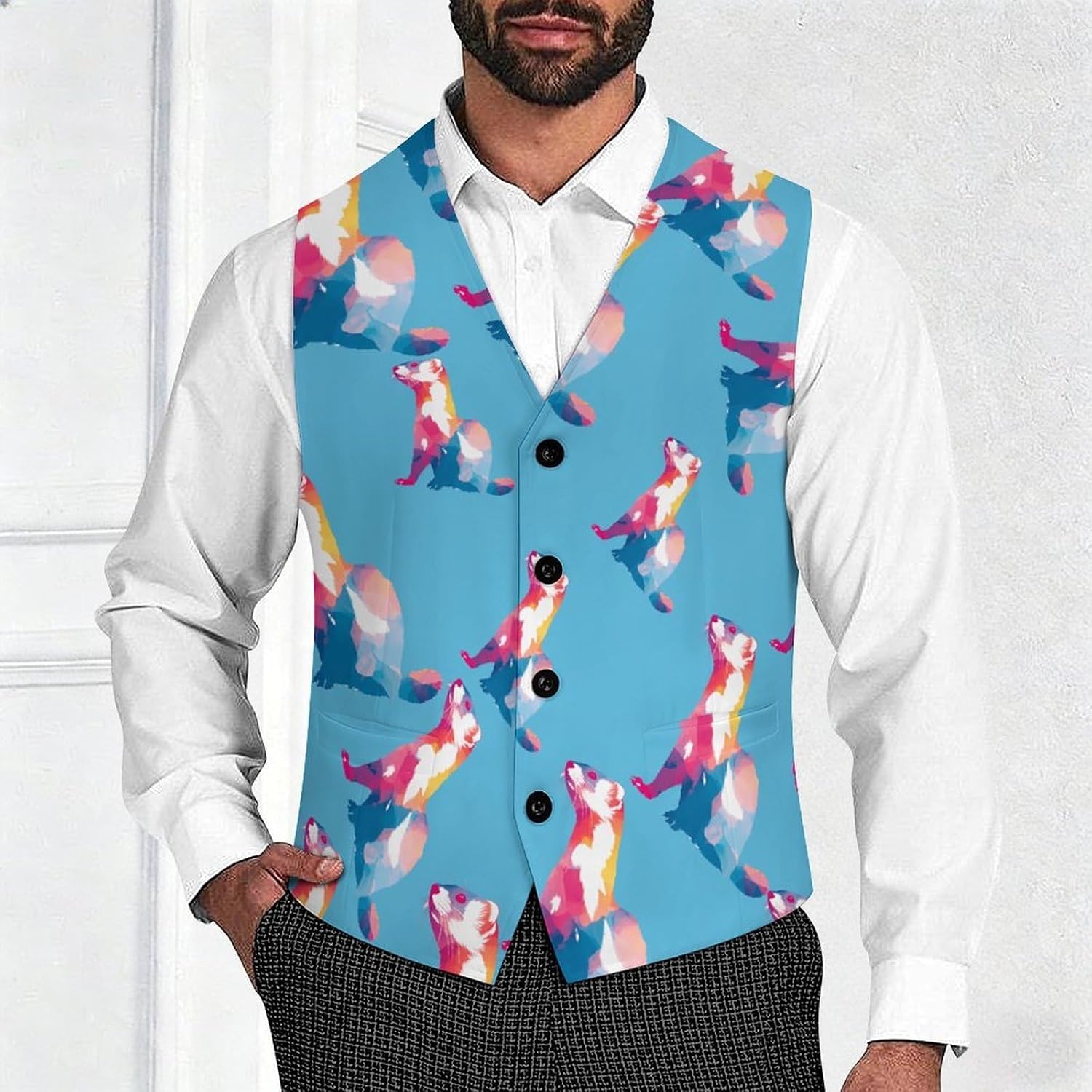 Ferret Watercolor Print Animal Men's Suit Vest Formal Vests Casual Dress Fit Waistcoat Casual Tuxedo for Business