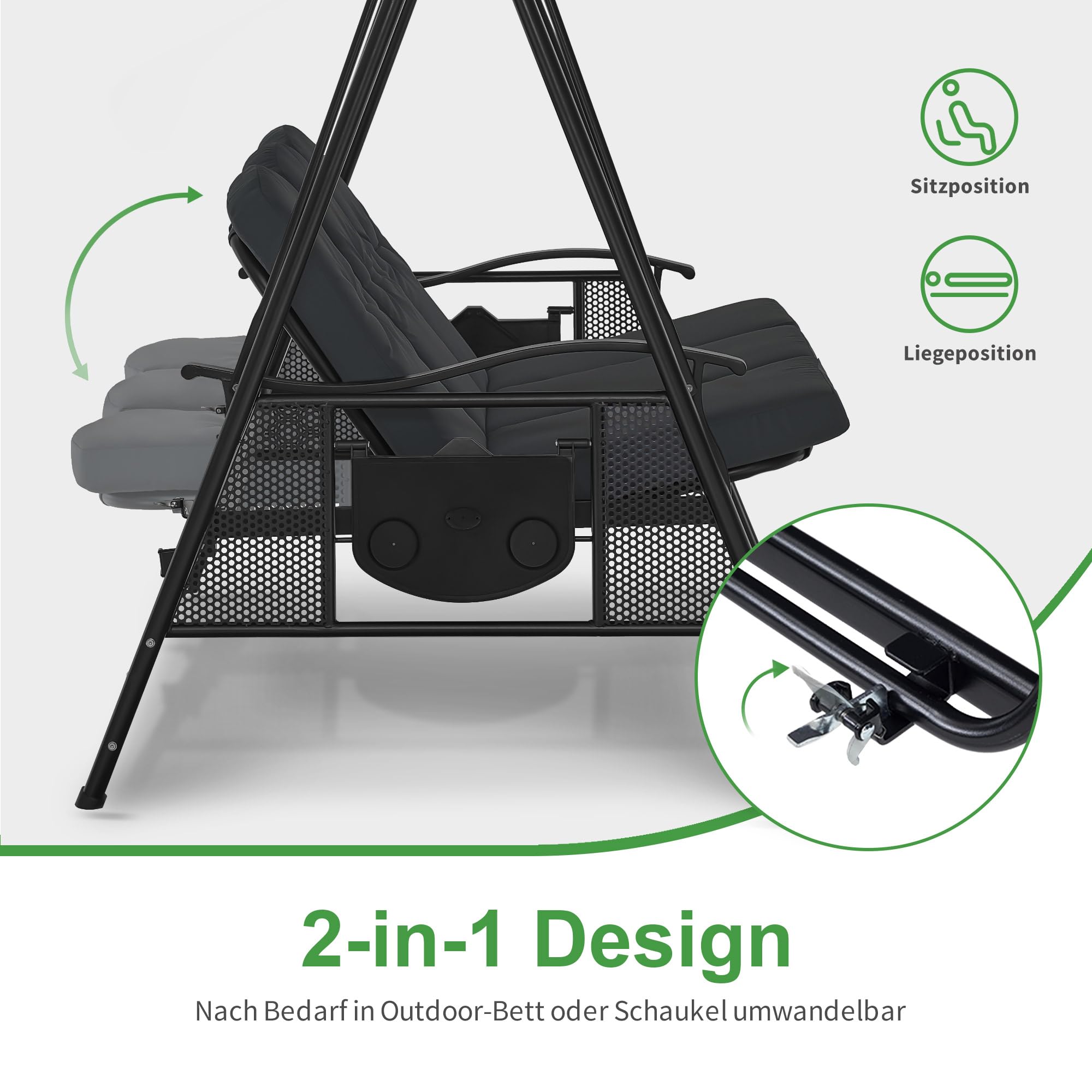 M MCombo 3-Sitzer Hollywoodschaukel mit Liegefunktion, Verstellbarem Sonnendach & Getränkehalter, Gartenschaukel bis 360kg Belastbar Schaukelbank Outdoor Wetterfest 204x118x181 cm 4093 (dunkgelgrau)