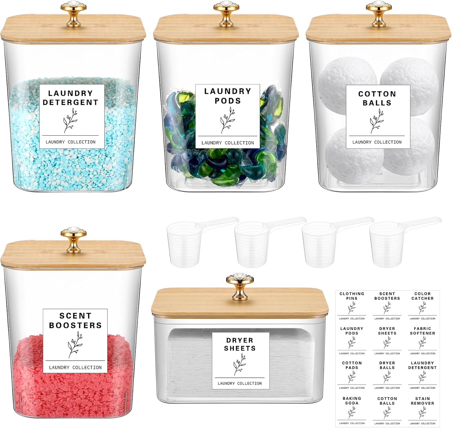 5 Pcs Laundry Room Organization Storage Containers 4 Large 3L Laundry Pod Containers and Dryer Sheet Holder with Bamboo Lids 18 Labels 4 Scoops for Detergent Powder Laundry Organizer