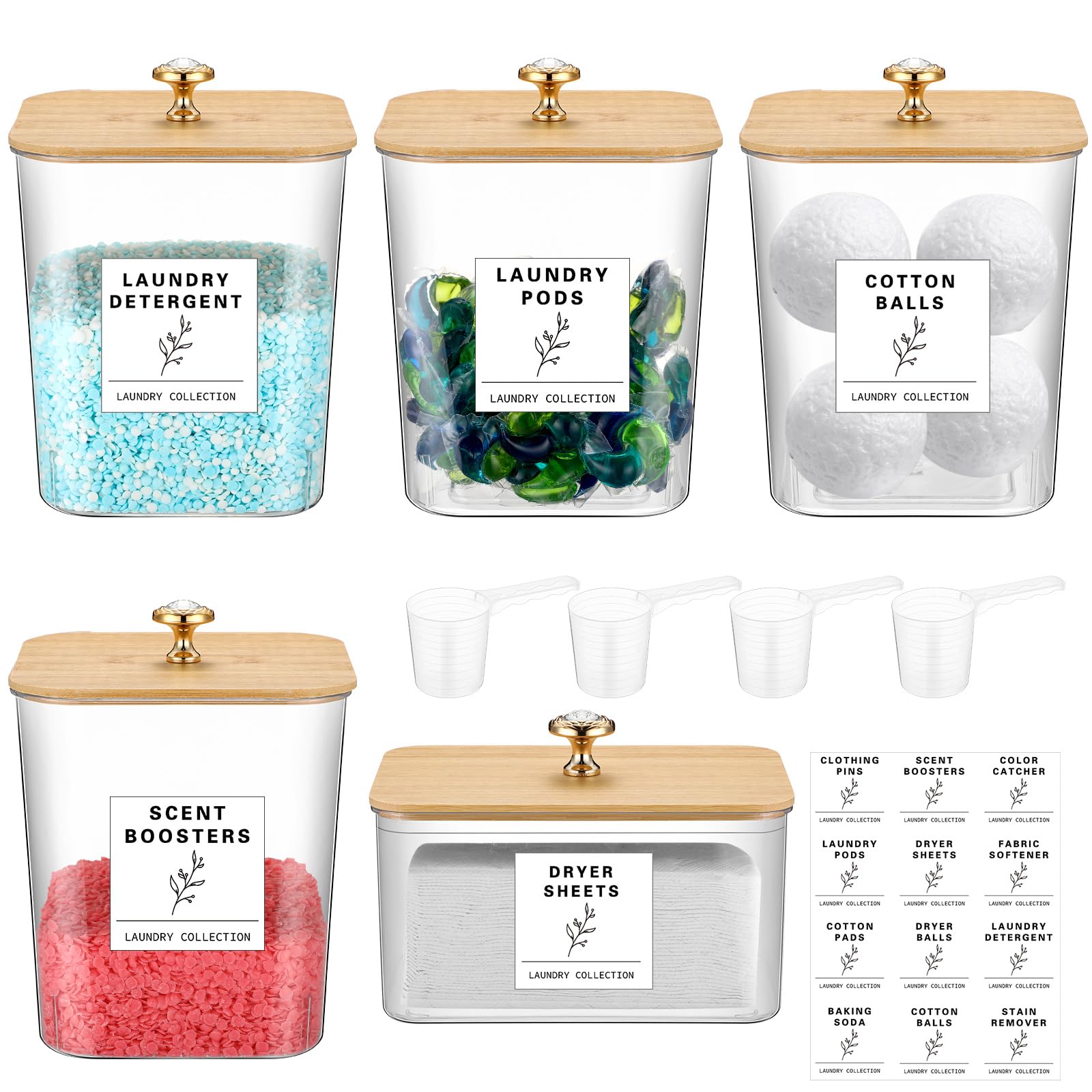 Reallnaive 5 Pcs Laundry Room Organization Storage Containers 4 Large 3L Laundry Pod Containers and Dryer Sheet Holder with Bamboo Lids 18 Labels 4