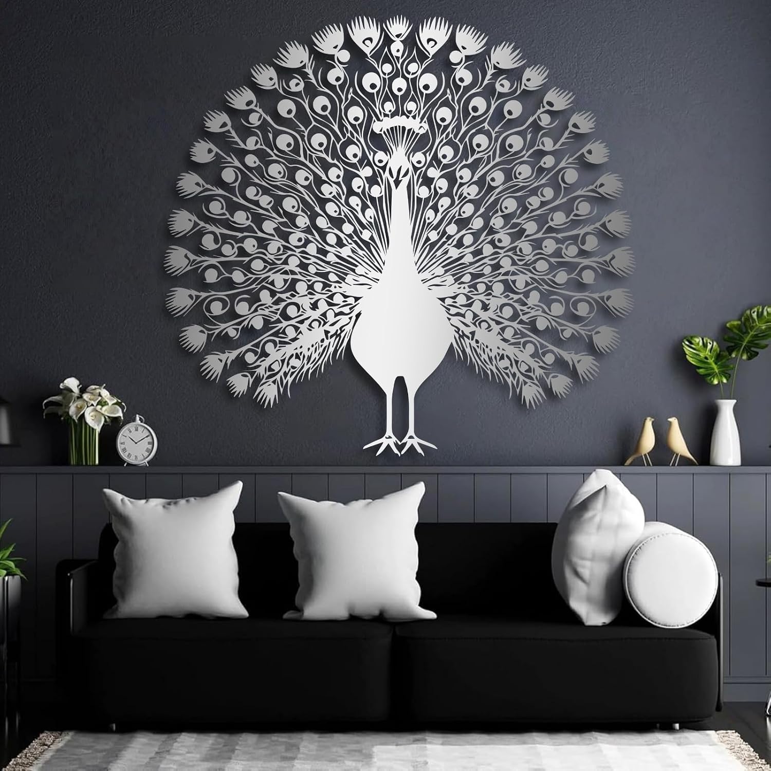Wivsev Metal Peacock Wall Decor,Peacock Metal Wall Art, Boho Elegant Nature Decor for Living Rooms, Entryways, and Luxury Home Interiors (Silver,30" x 28" / 76 x 71 cm)
