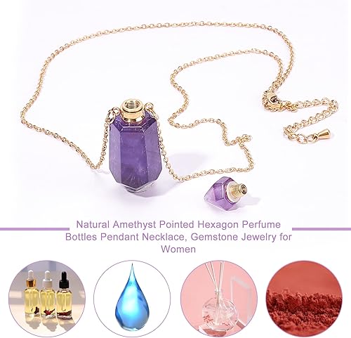 Miniatura 4 de CHGCRAFT Botellas de perfume hexagonales puntiagudas de fluorita natural con dije de difusor de aceite esencial con cadena dorada para mujer, collar