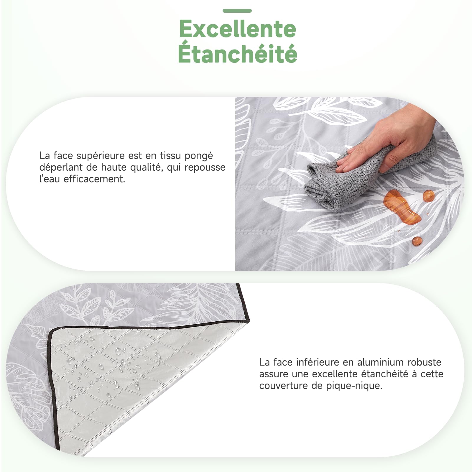HAUSPROFI Couverture de Pique-Nique 200x200cm, Imperméable et Isolante - Tapis de Plage Anti Sable et Camping, Rembourrage Coton, Pliable avec Poignée et 4 Piquets, Lavable en Machine sans Déformation