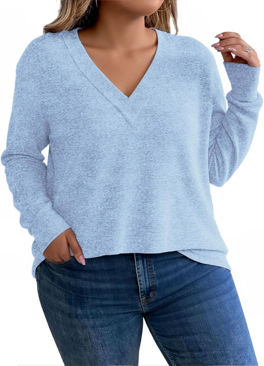 VISLILY Plus-Size-Tops for Women Trendy V Neck T Shirts Casual Dressy Long Sleeve Tunics Tees Loose Fit Blouses XL-5XL - Image 3