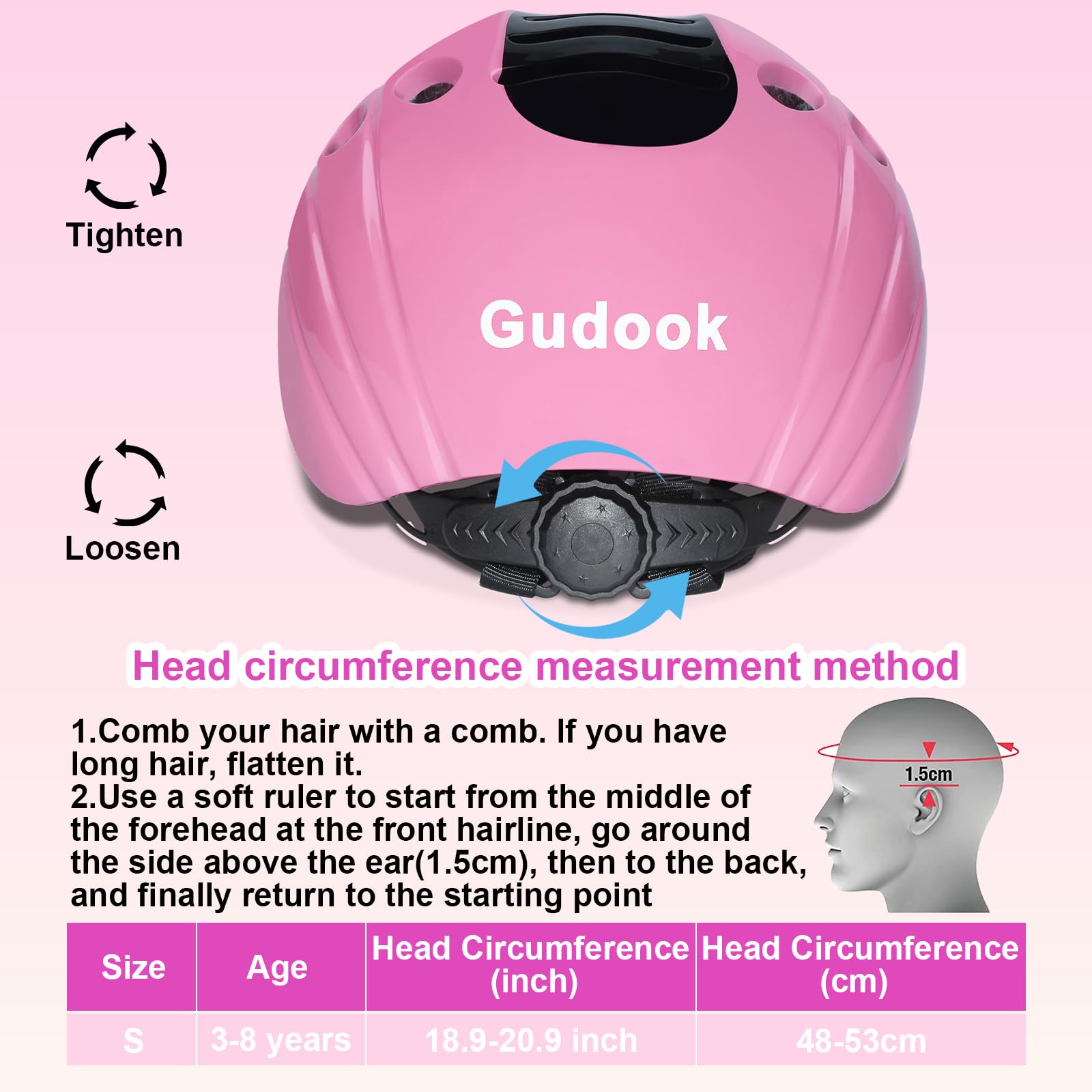 Gudook Kids Bike Helmet - Kid Bicycle Helmets Adjustable Size, Lightweight Child Roller Skating Scooter Cycling Helmet with Fun Design for Boys and Girls Ages 3-8 (Pink)