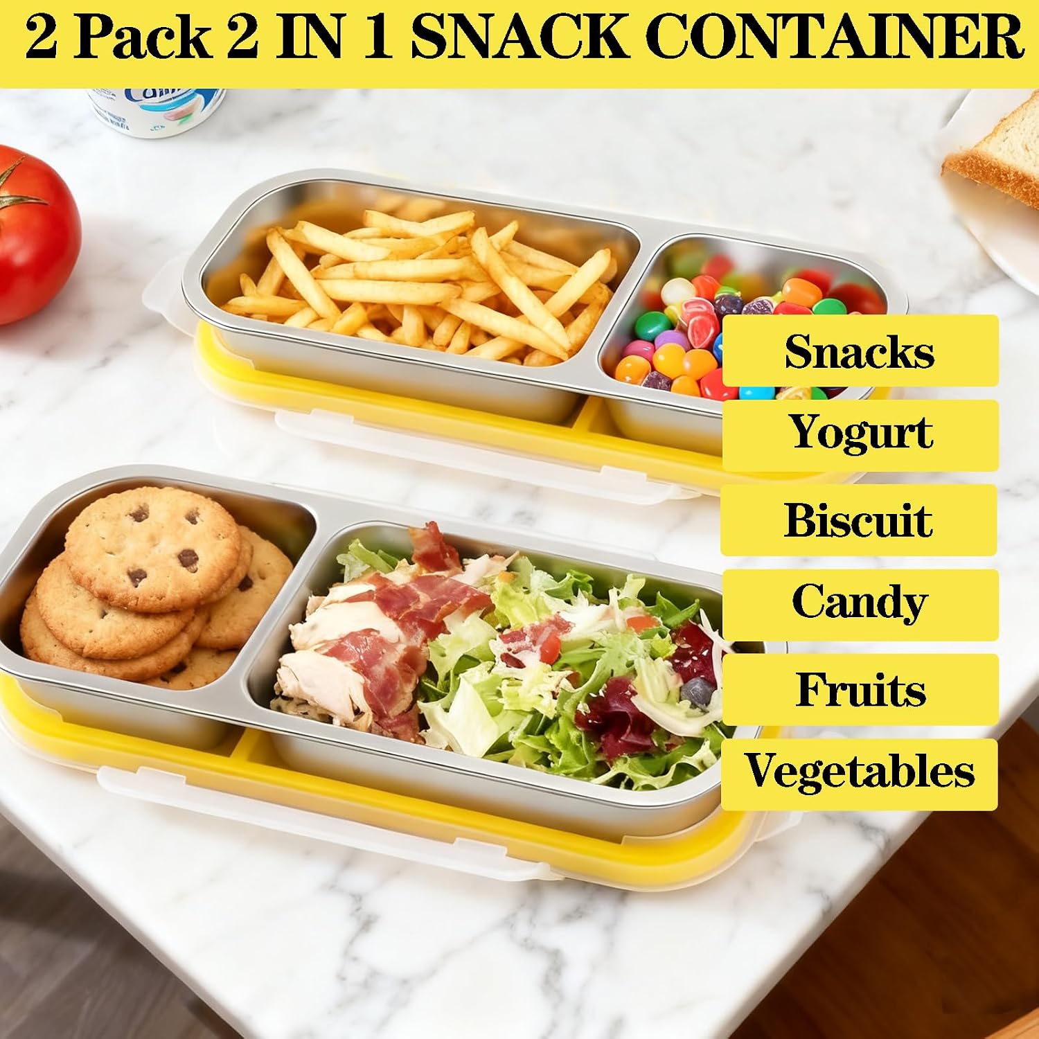 2 Pack Stainless Steel Snack Containers with Lids,2 Compartment Snackle Box image 5