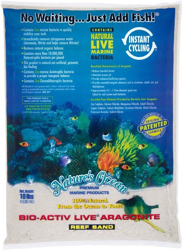Nature's Ocean No.0 Bio-Activ Live Aragonite Live Sand for Aquarium, 10-Pound, Natural White