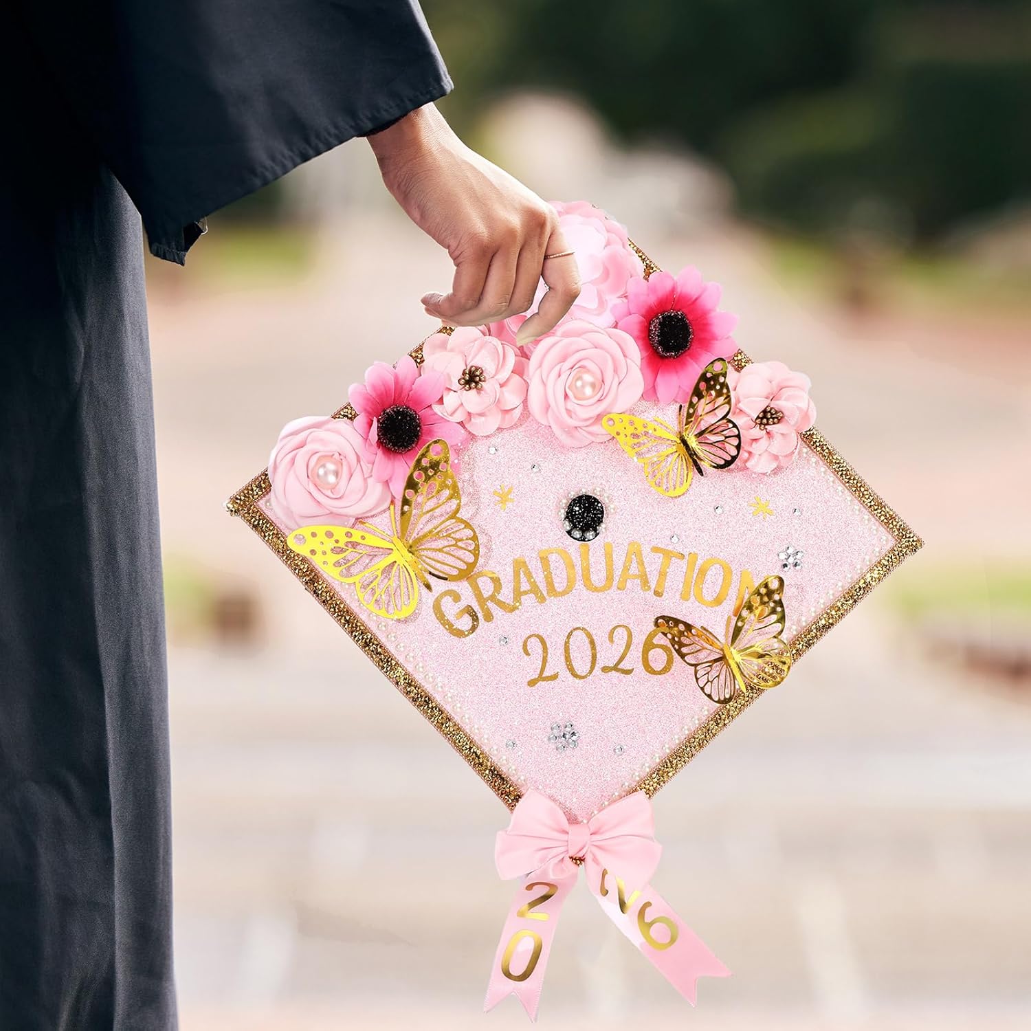 Wavwavw 62 Pcs DIY Graduation Cap Decorations Kit Include Faux Flowers 3D Butterfly Bow Self Adhesive Rhinestones and Alphabet Letter Stickers for 2026 Grad Cap Topper Decor Graduation Party(Pink)