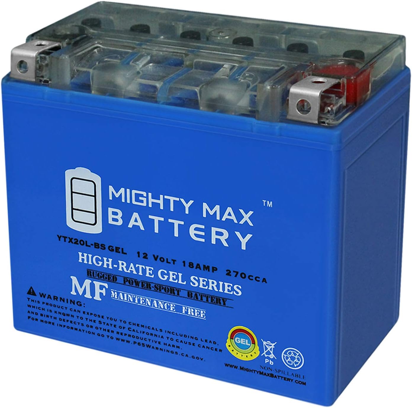 Mighty Max Battery YTX20L-BS GEL -12 Volt 18 AH, GEL Type, 270 CCA, Rechargeable Maintenance Free SLA AGM Motorcycle Battery