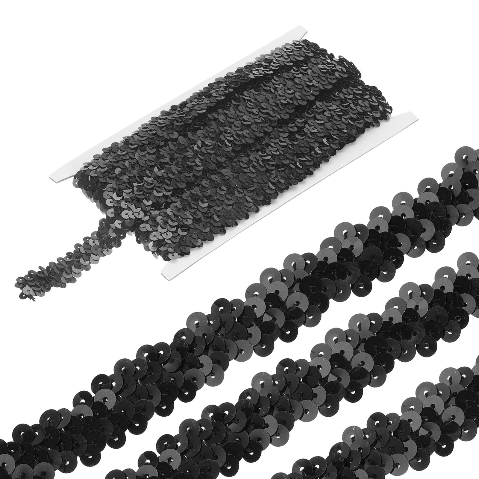 sourcing map 5 Yards 0.8 Inch Elastic Sequins Trim 2 Row Flat Sequin Strip Paillette Fabric Ribbon for Crafts DIY Fringe Sewing Costume Dress, Black