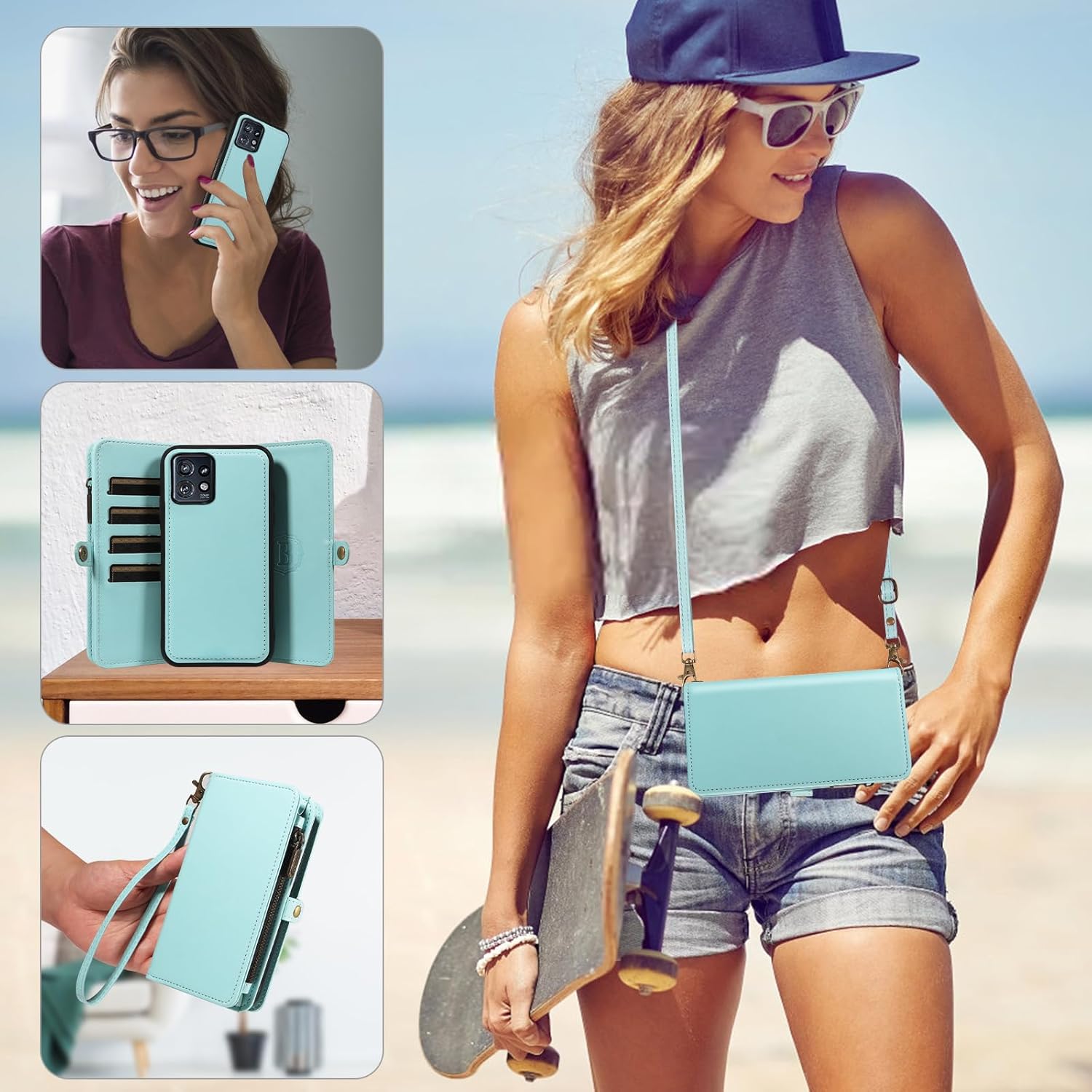 Phone Case for Motorola Edge+ Plus 2023/Edge 40 Pro 5G/Moto X40 Zipper Wallet Detachable Cell Cover with Tempered Glass Screen Protector Crossbody Lanyard Strap Flip Card Holder Slot X + Green